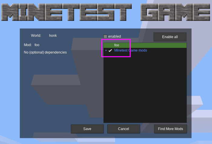 screenshot of the minetest game mods list with the foo mod highlighted
