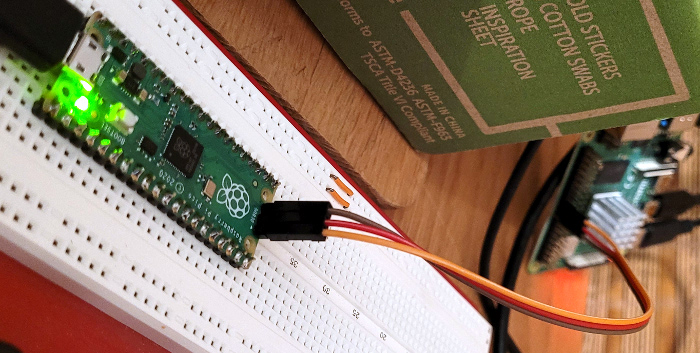 photo of three wire connection from pi pico swd header