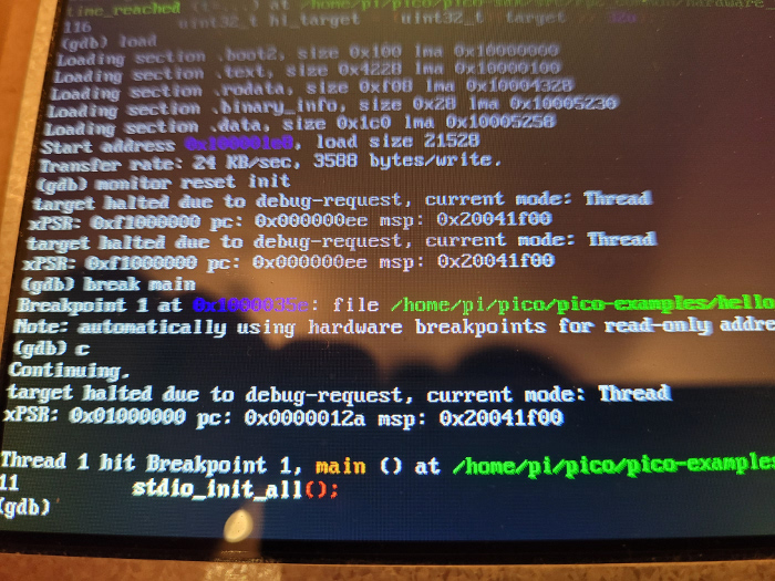 photo of raspberry pi terminal screen showing gdb remote session