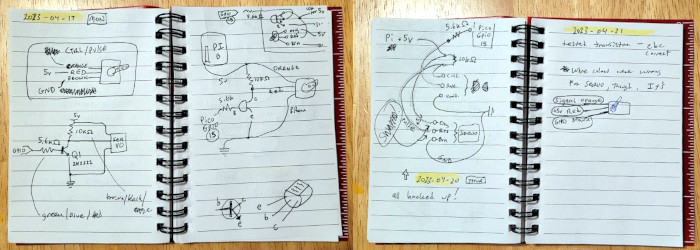 four notebook pages of circuit drawings