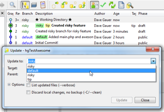 update the working directory to the default branch
