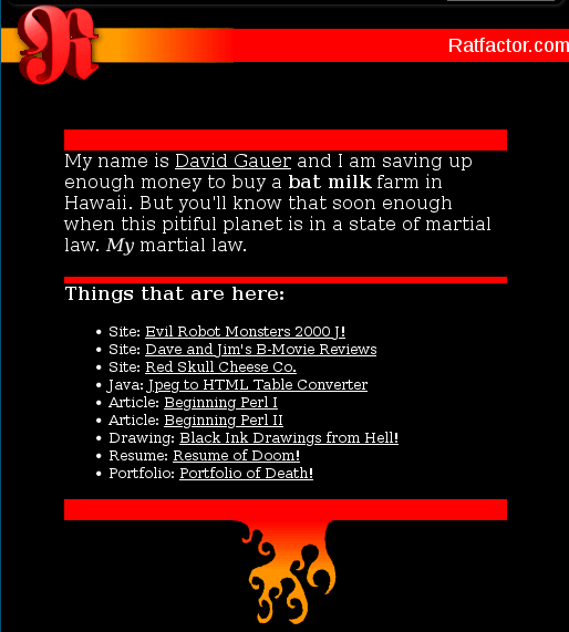 screenshot of ratfactor.com in the year 2000 - lots of red on black