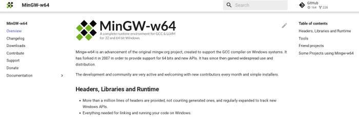 screenshot of the mingw-w64.org website taken 2022
