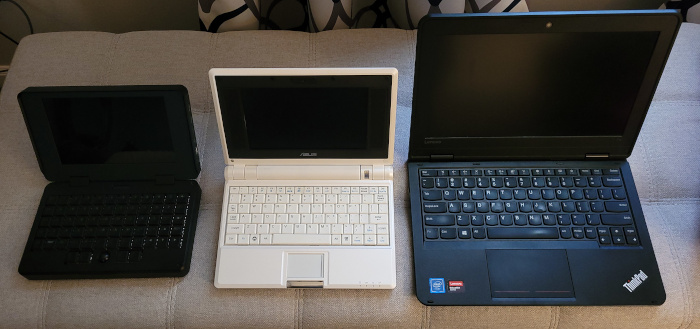 three laptops side by side 1 the pocket reform 2 an asus eeepc 3 a 17 inch thinkpad