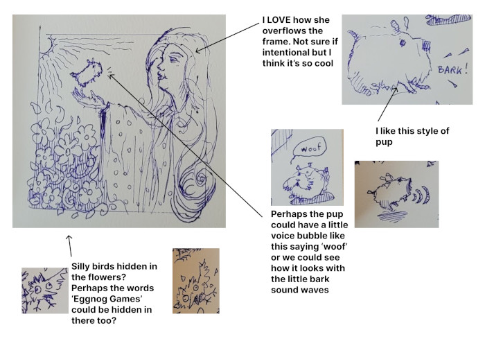 Feedback with snippets from the sketches with arrows and text.
