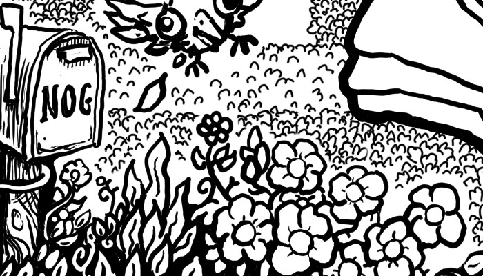 A crop of the full-size image. You can see part of a mailbox that says 'Nog' and part of a bird and part of the hedge maze with tons of little leaves.
