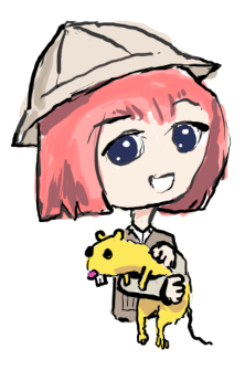 The Ren’Py mascot Eileen but she is holding a yellow rat rather than a yellow pyton