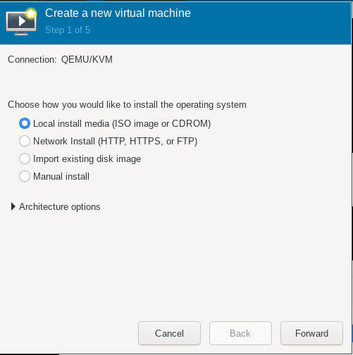 new virtual machine options. installation option selected: Local install media (ISO image or CDROM)