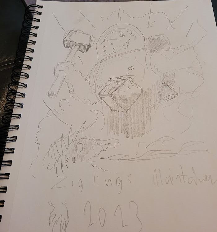 rough pencil sketch in ring-bound sketchbook